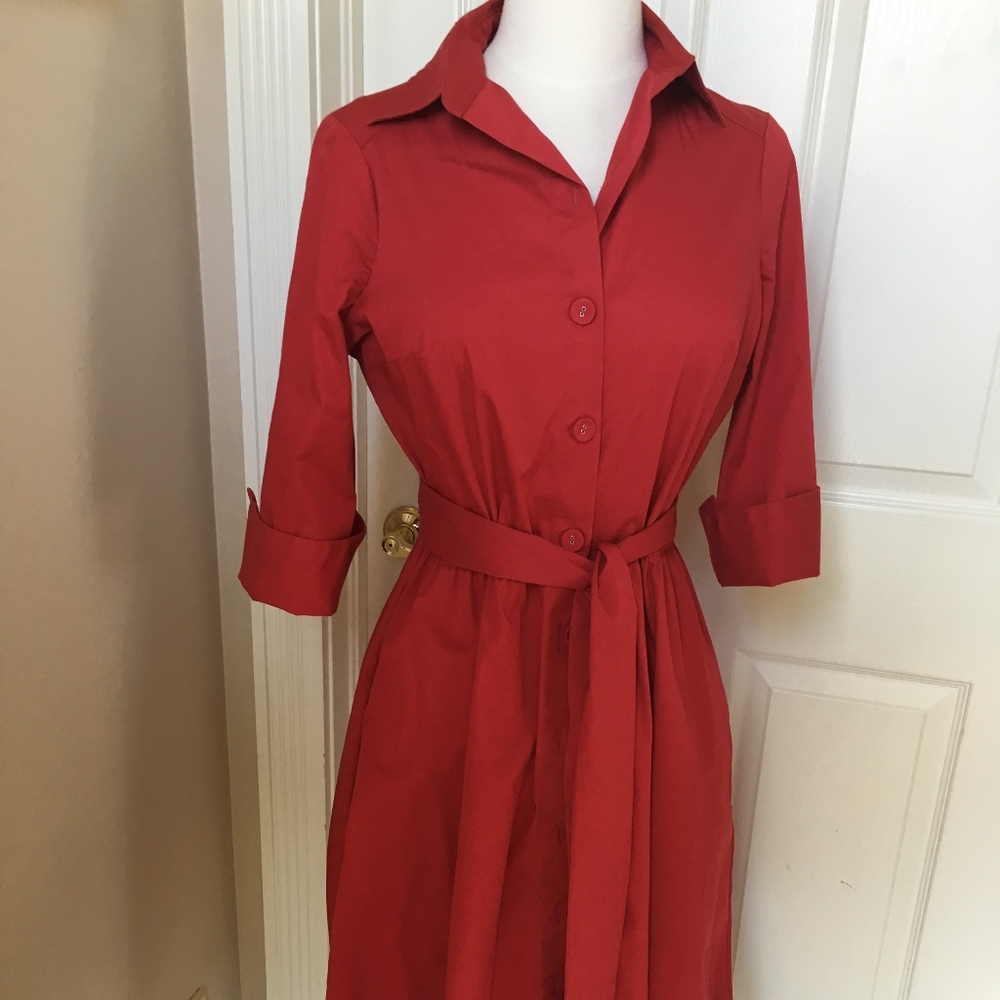 Lands End 4 stretch red poplin dress shirtdress
